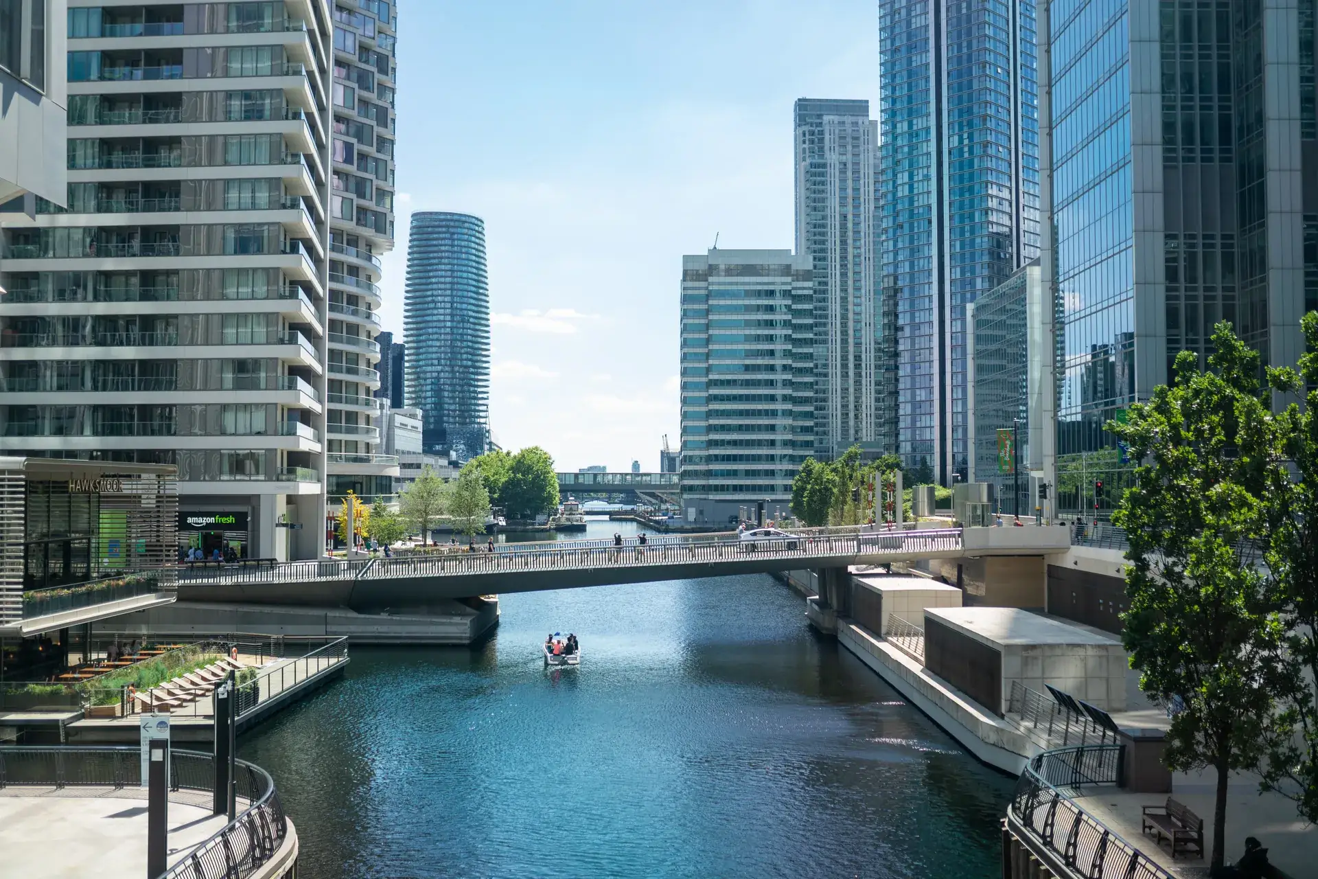 The dock at Canary Wharf on a bright summer afternoon